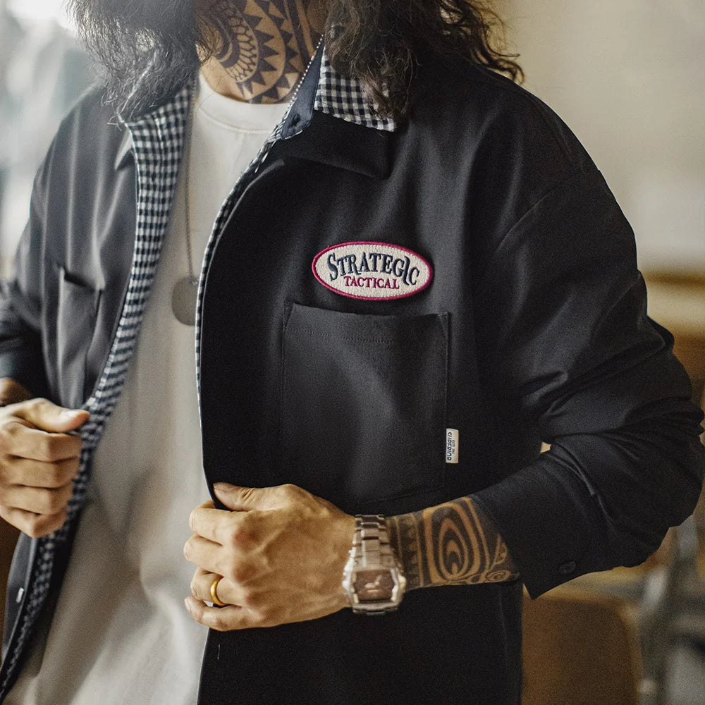 Maden Men Vintage Black Woven Long Sleeve Utility Shirt with Chest Pockets Lightweight Blouse Single-Breasted Overshirt for Fall