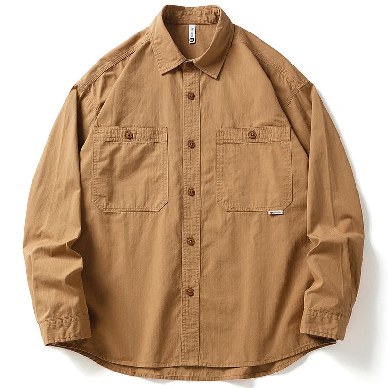 American High Quality Cargo Shirt Japanese Vintage Solid Color Long Sleeve Men Clothing Spring Harajuku Casual Black Thin Coat