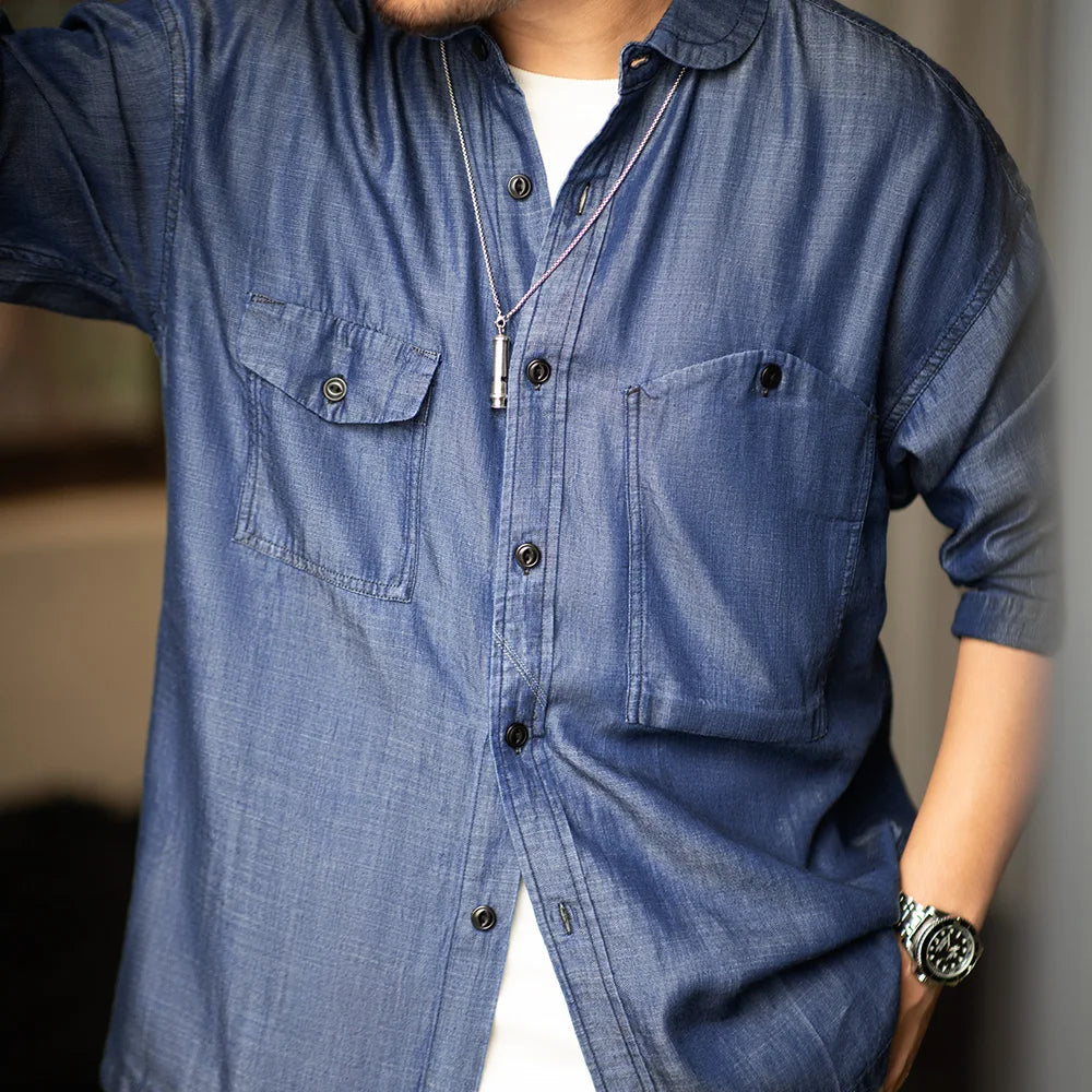 Maden 2023 Autumn Men's Vintage Tencel Denim Shirts Amekaji Lycra Long Sleeve CPO Shirt Jacket Uncle Fu Brand Luxury Jean Blouse