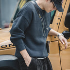 Vintage Gray Sweater, Chunky Knit Pullover, Round Neck