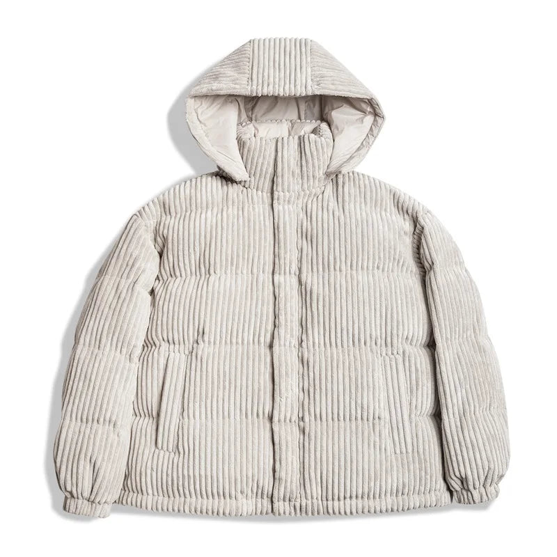 Maden Men's Corduroy Down Jacket Winter Thickened Warm Striped Hooded Coat Vintage Padded Jackets Removable Hood Black Clothing