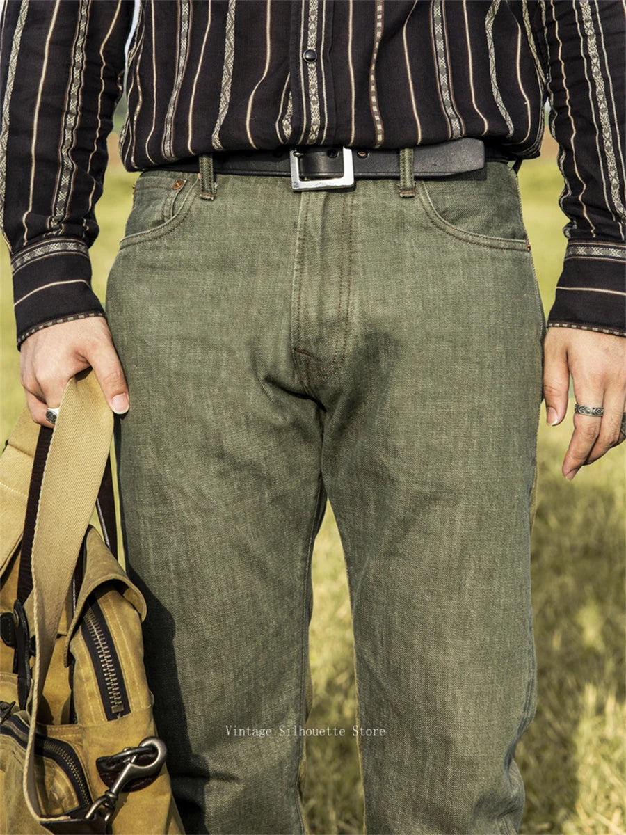 Red Tornado Men's Regular Straight Fit Jeans in Green Rugged Style Selvage Denim Pants