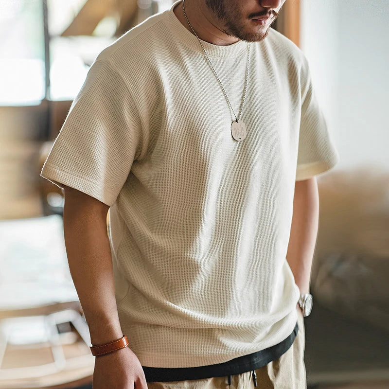 Maden Retro Knit Waffle Short Sleeve T-shirts for Men's Summer Round Neck Loose Fit Casual Tee Basic Solid Color Classic Tops