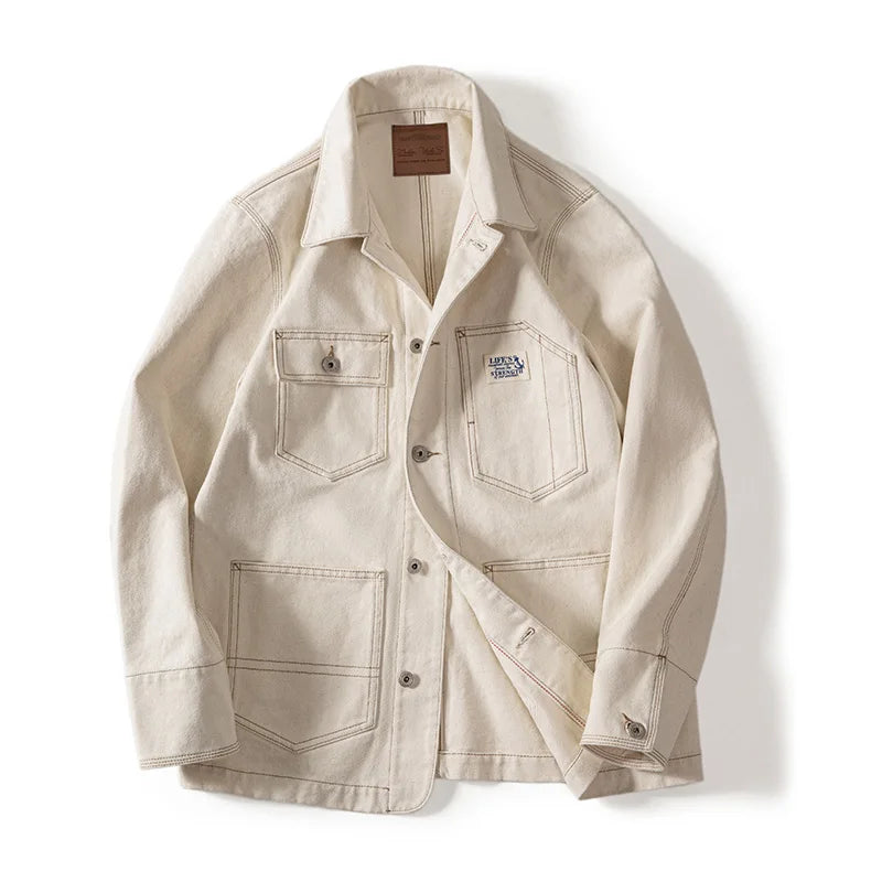 Maden Men's Vintage Classic Work Jacket Four Pockets and Five Buttons Male Spring and Autumn Beige Jacket Cotton Seed Husk Top