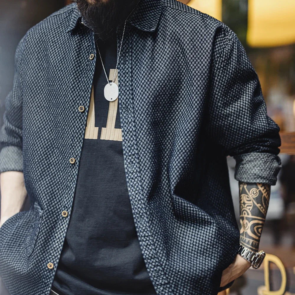 Maden Retro Loose Long-sleeved Denim Shirt Checkered Lapel Single-breasted Jacket for Men Spring and Fall Versatile Outerwear