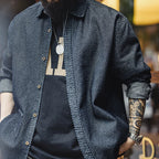 Maden Retro Loose Long-sleeved Denim Shirt Checkered Lapel Single-breasted Jacket for Men Spring and Fall Versatile Outerwear