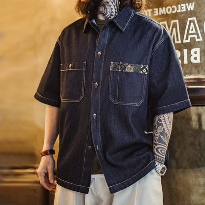 Maden Men's Summer Retro Boro Denim Short Sleeve Shirt Indigo Dyed Lapel Single Breasted Casual Overshirt Street Outfits Blouse