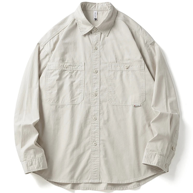 American High Quality Cargo Shirt Japanese Vintage Solid Color Long Sleeve Men Clothing Spring Harajuku Casual Black Thin Coat