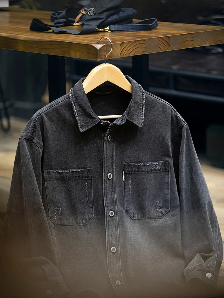 Japanese Vintage Distressed Cargo Shirts For Men Harajuku High Quality Casual Denim Shirt Plus Size Korean Fashion Coat Male