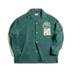 Maden Retro Dark Green Peach-skin Velvet Shirts for Men Embroidery Pattern Loose Lapel Long Sleeve Shirt Fall Outerwear Clothing