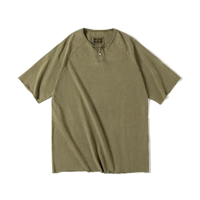 Maden Japanese Vintage Heavyweight Henley T-Shirt Men Distressed Loose Short Sleeve Tops Casual Button Cotton Washed Tee Shirts