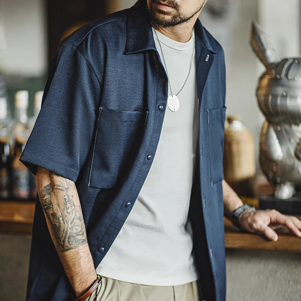 Maden Casual Oversize Drape No-iron Shirt with Pocket Textured Silhouette Short-sleeved Shirt for Men's Summer Tops