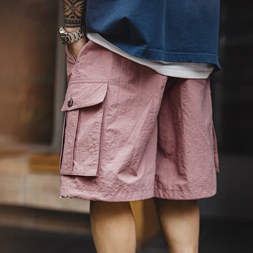 Maden Outdoor Quick-Dry Pink Cargo Shorts Men's Summer Lightweight Woven Elastic Waist Shorts Loose Straight Bottoms for Sports