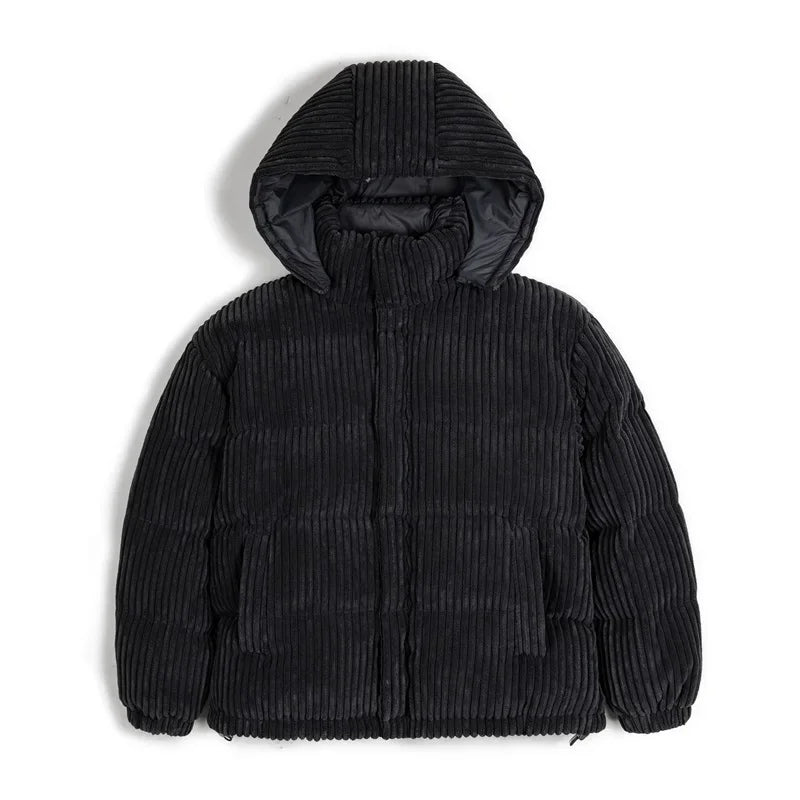 Maden Men's Corduroy Down Jacket Winter Thickened Warm Striped Hooded Coat Vintage Padded Jackets Removable Hood Black Clothing