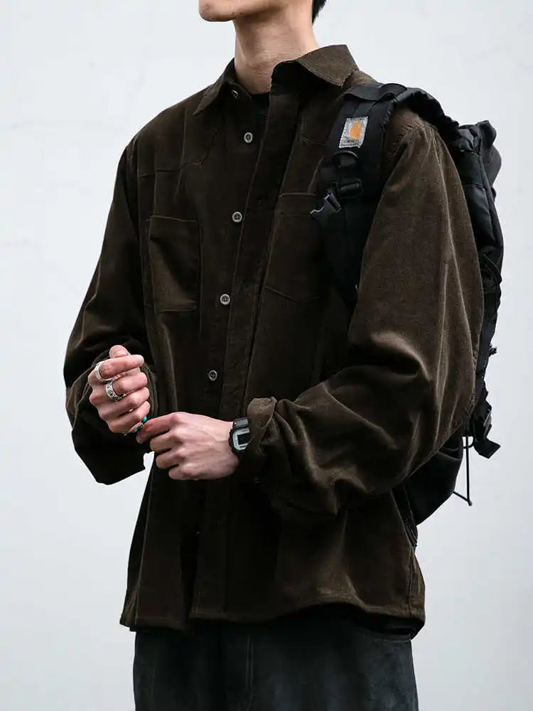 Korean Vintage Work Shirt For Men Corduroy Premium Washed Distressed Turn-Down Collar Relaxed Fit Long Sleeve Casual Fashion