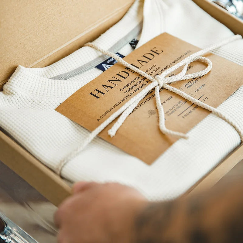 Maden Retro Knit Waffle Short Sleeve T-shirts for Men's Summer Round Neck Loose Fit Casual Tee Basic Solid Color Classic Tops