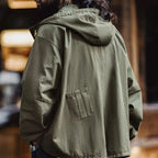 Maden Vintage Green M51 Hooded Jacket Loose Fishtail Short Overcoat Men's Versatile Outwear with Pockets Hidden Button Placket