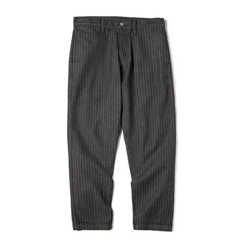Maden Men's Vintage Gray Vertical Stripe Jeans 12.8OZ Mid-rise Straight Pants Amekaji Tapered Jeans Male Autumn Cotton Pants