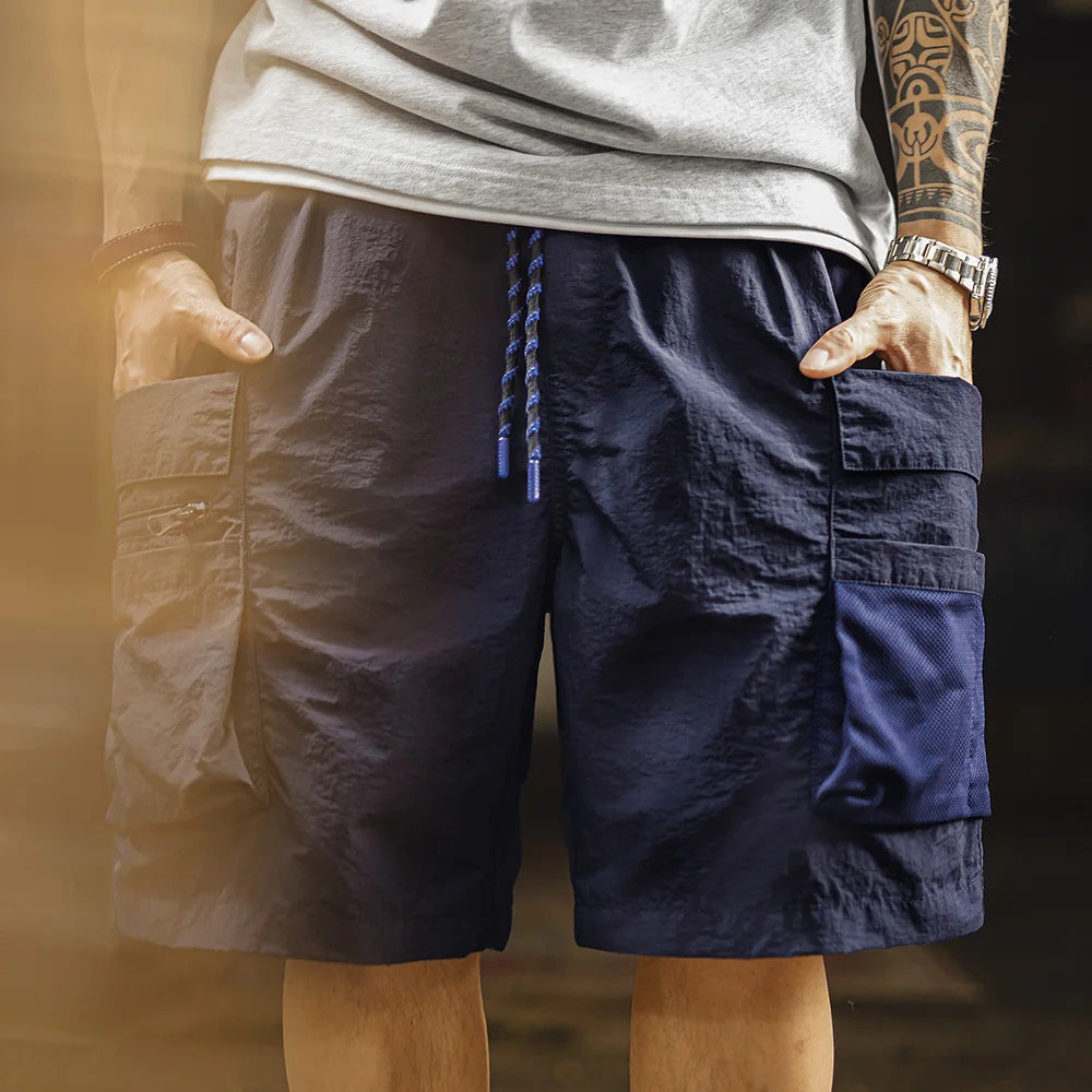 Maden Men's Quick-Dry Patchwork Cargo Shorts Lightweight Outdoor Multi-Pocket Stretch Elastic Waist Pants Blue Casual Bottoms