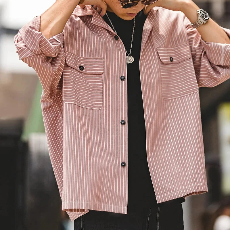 Maden Vintage Men's Striped Cuban Collar Shirts with Pockets Long-sleeved Blouses for Spring and Fall Versatile Trend Tops