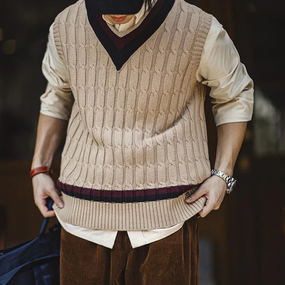 Maden Retro Ivy Knit V-Neck Sweaters Vest Color-Block Sleeveless Classic Versatile Men's Khaki Tops with Preppy Style for Autumn