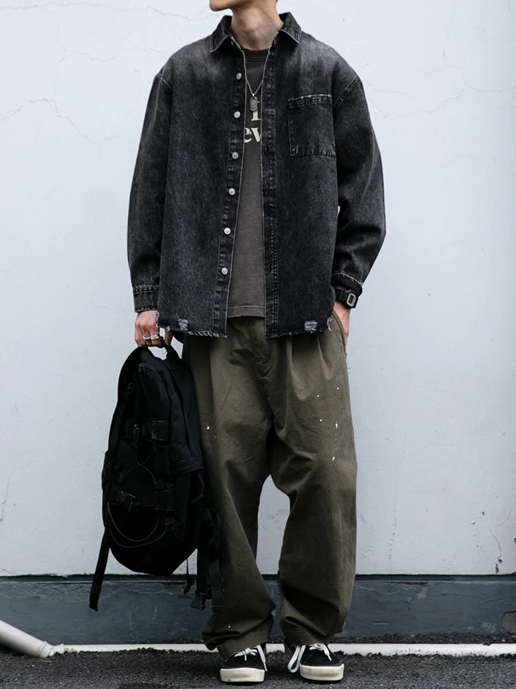 American Streetwear Wash Denim Shirts For Men Harajuku Casual Men'S Clothing Vintage Blue Lapel Cargo Coat Korean Long Sleeve