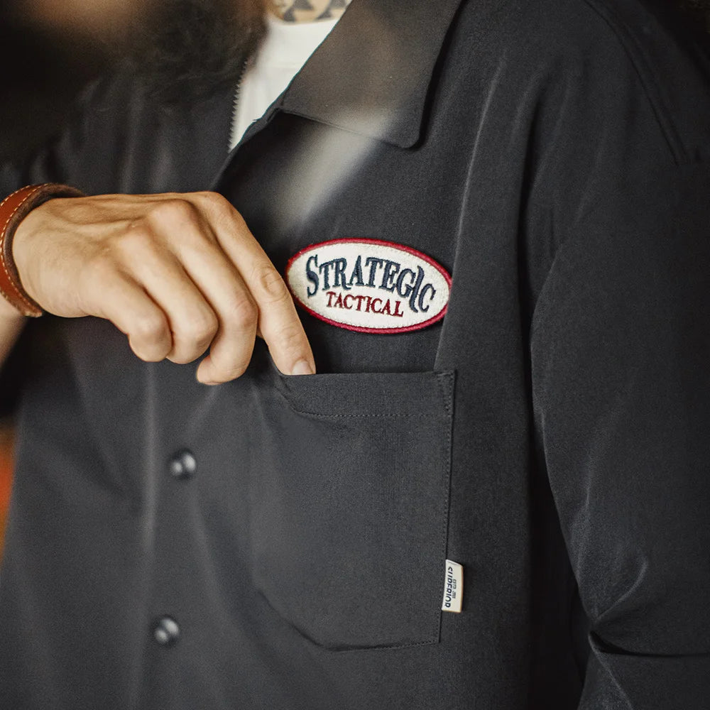 Maden Men Vintage Black Woven Long Sleeve Utility Shirt with Chest Pockets Lightweight Blouse Single-Breasted Overshirt for Fall