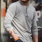 Maden Long-sleeved Henley Shirt for Men Three-button Classic Design Round Collar Beige Basic T-shirts Male Autumn Thin Tees