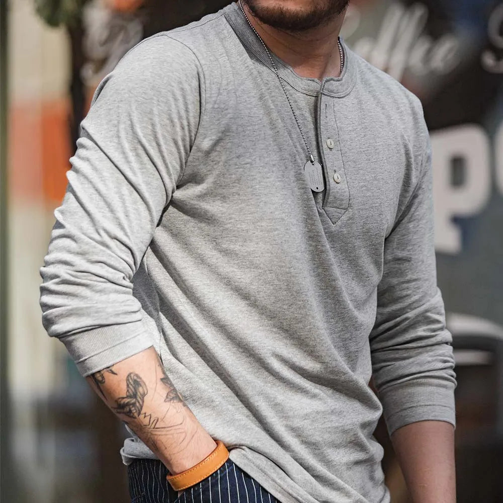 Maden Long-sleeved Henley Shirt for Men Three-button Classic Design Round Collar Beige Basic T-shirts Male Autumn Thin Tees