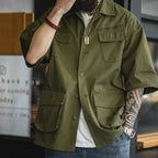 Maden Men Summer Vintage M42 Four Pocket Short Sleeve Shirts Cotton Green Loose Turn-down Collar Shirt Workwear Tops Male XL XXL