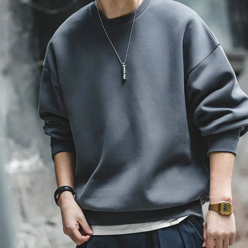 Maden Casual Round Neck Gray Sweathirts for Men Loose Comfortable Cotton Pullover Basic Style Autumn Outdoor Undershirt