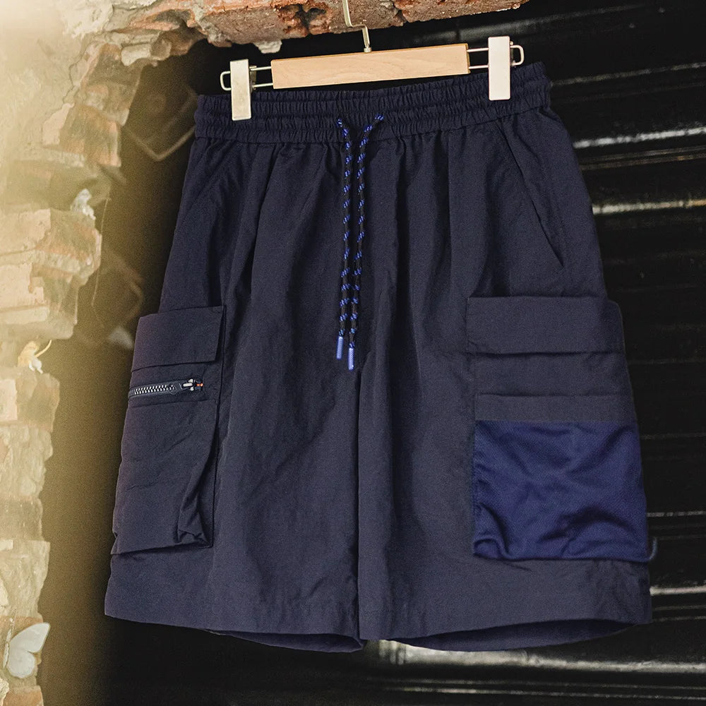 Maden Men's Quick-Dry Patchwork Cargo Shorts Lightweight Outdoor Multi-Pocket Stretch Elastic Waist Pants Blue Casual Bottoms