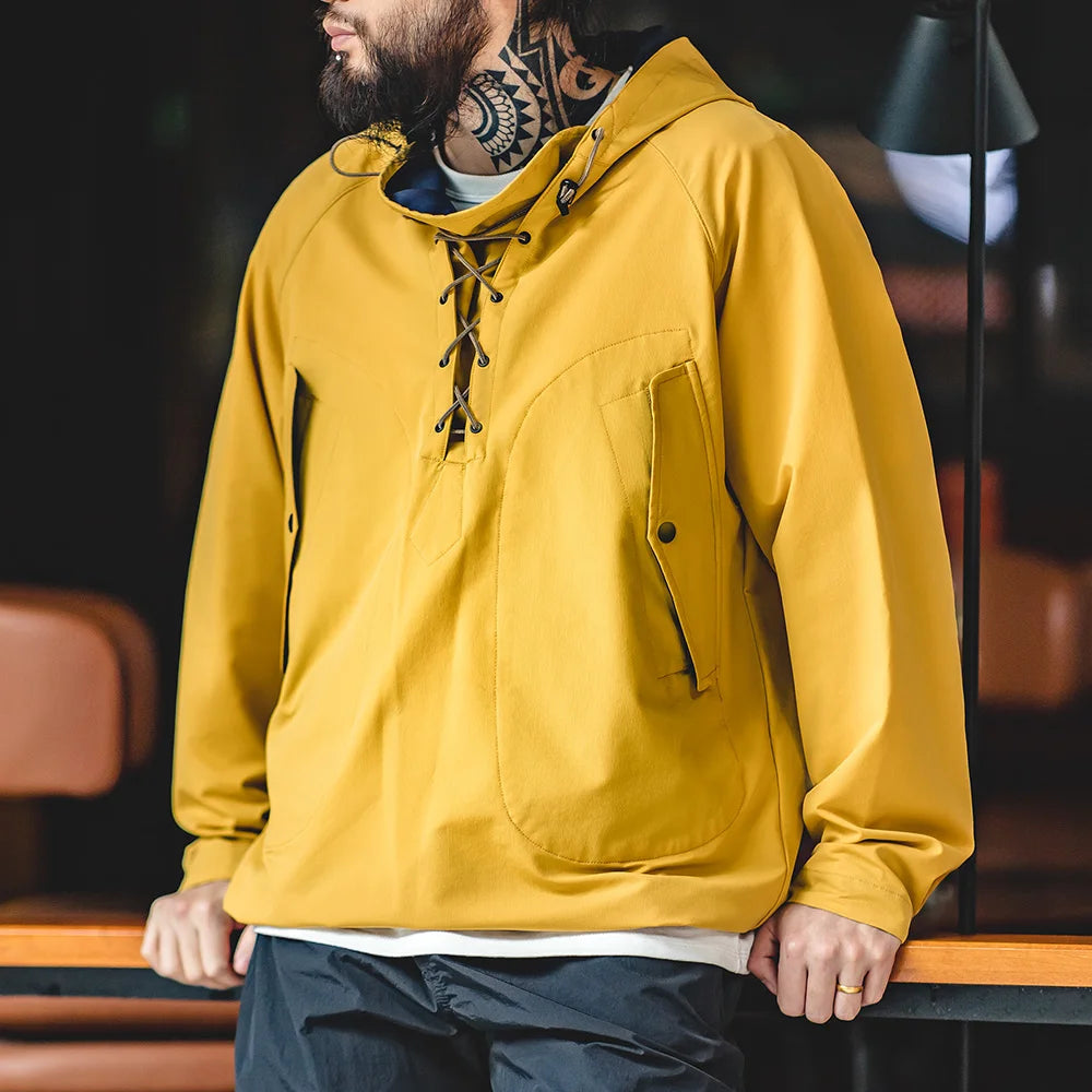Maden Yellow Hooded Deck Coat for Men Braided Drawstring Collar Autumn Outdoor Wrinkle-Free Pullover Sweatshirt Everyday Wear