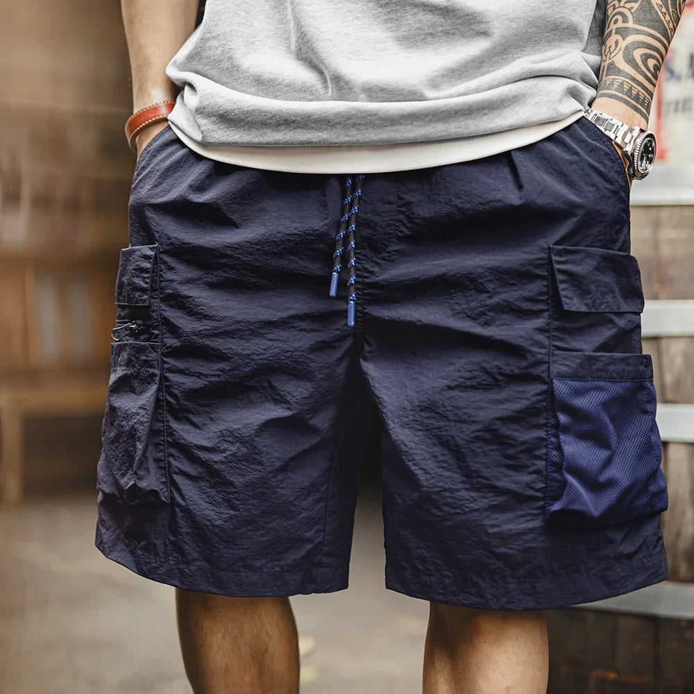 Maden Men's Quick-Dry Patchwork Cargo Shorts Lightweight Outdoor Multi-Pocket Stretch Elastic Waist Pants Blue Casual Bottoms