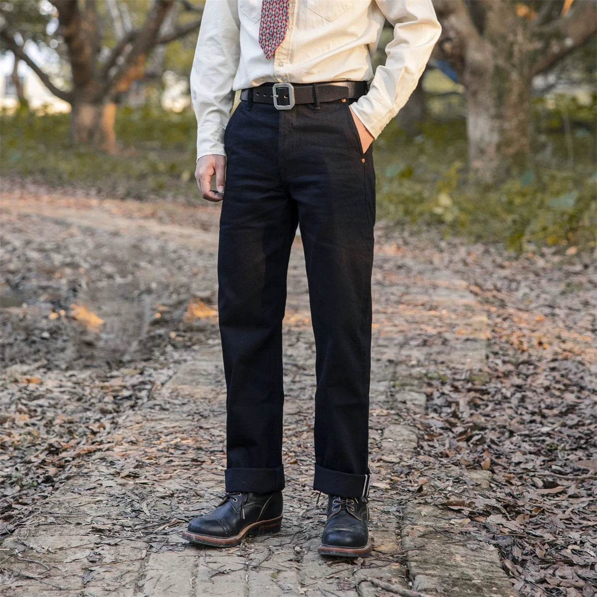 Red Tornado Black Men's Jeans Relaxed Fit 14.5oz Selvedge Denim Officer Trousers