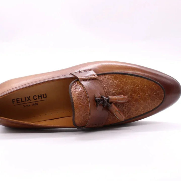 FELIX CHU Men's Genuine Leather Tassel Loafers Italian Luxury Fashion Slip-On Dress Shoes for Parties Weddings Casual Wear