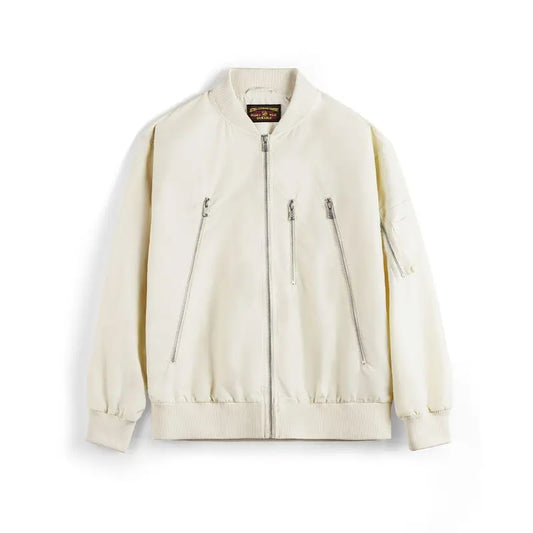 Maden Men's Vintage L2B Pilot Jacket White Lightweight Flight Bomber Jacket Short Zip-Up Casual Baseball Coat for Spring Autumn