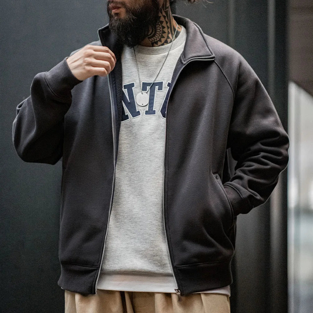 Maden Casual Polar Fleece Cardigan Sweatshirt Stand-up Collar Sports Zipper Jacket Warm Versatile Coat for Men's Fall and Winter