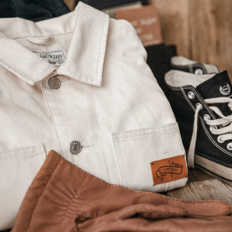 Maden Workwear French Vintage Square Neck White Denim Jacket Large Pocket Raglan Men's Top Early Autumn Coat