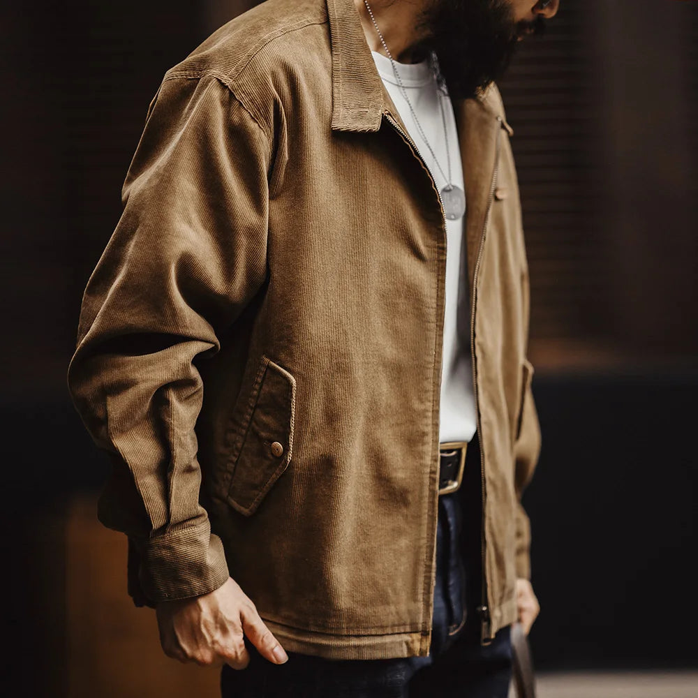 Maden Retro Corduroy Jacket with Stand-up Collar Zipper Flap Pockets Casual Solid Color Outwear for Men's Autumn Versatile Coat