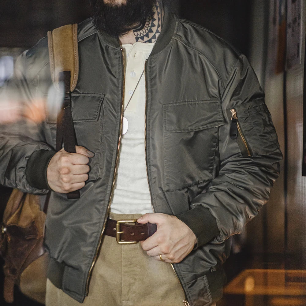 Maden Baseball Collar MA1 Bomber Jacket for Men Classical Orange Lining Double-pocket Coats Thickened Fall and Winter Jacket