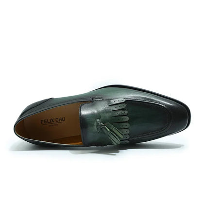 FELIX CHU Men's Genuine Leather Handmade Loafers Green/Black Tassel Dress Shoes Autumn Wedding Moccasin Party Footwear