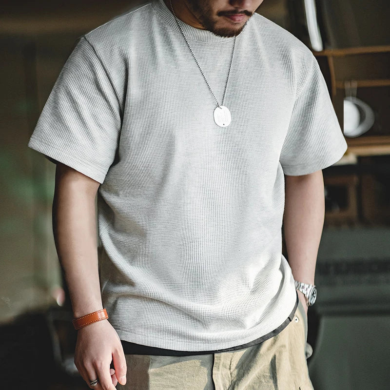 Maden Retro Knit Waffle Short Sleeve T-shirts for Men's Summer Round Neck Loose Fit Casual Tee Basic Solid Color Classic Tops