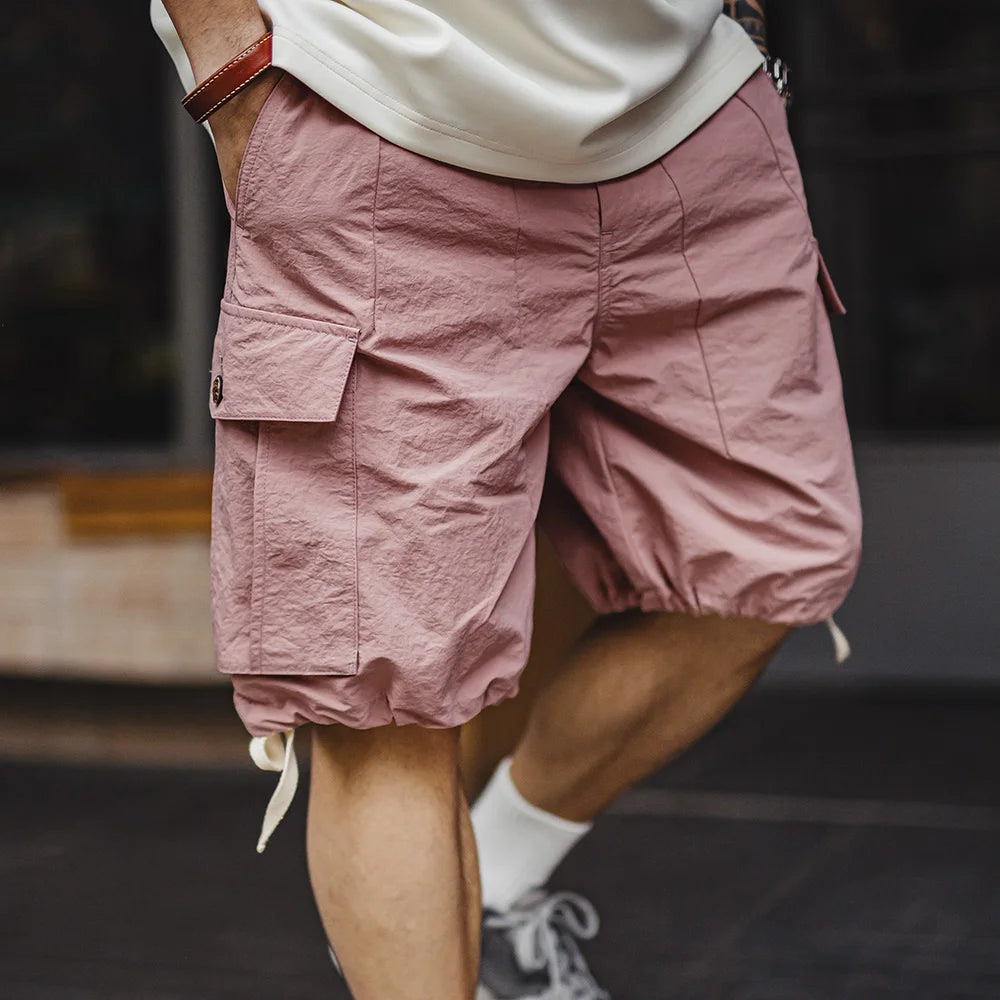 Maden Outdoor Quick-Dry Pink Cargo Shorts Men's Summer Lightweight Woven Elastic Waist Shorts Loose Straight Bottoms for Sports