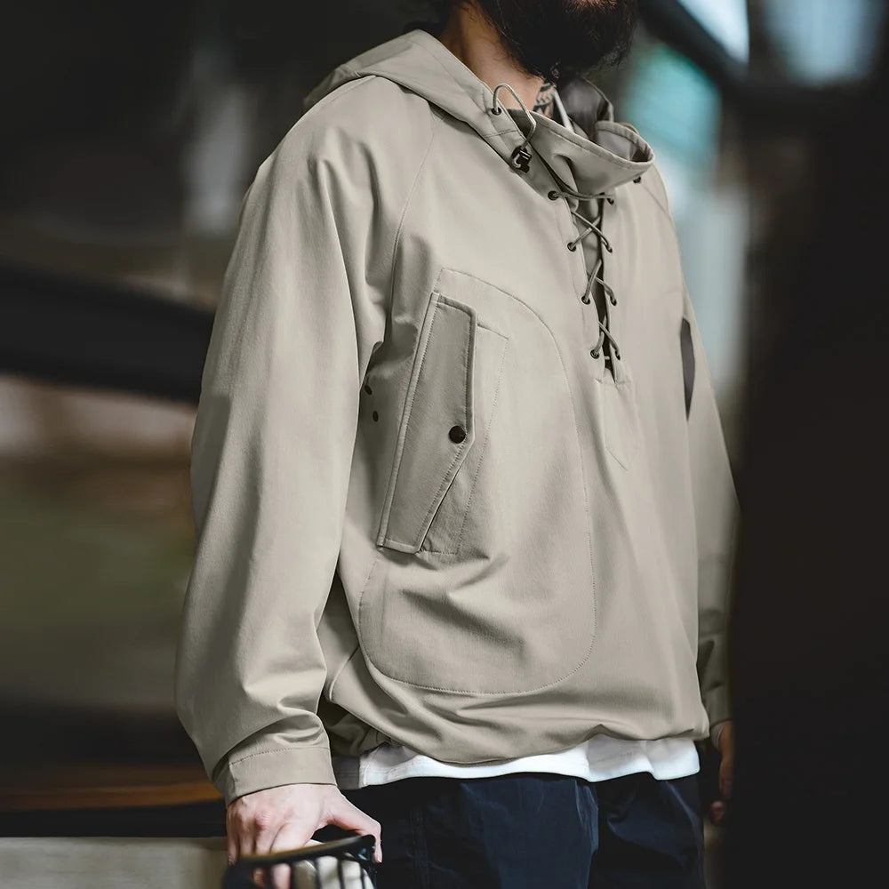 Maden Yellow Hooded Deck Coat for Men Braided Drawstring Collar Autumn Outdoor Wrinkle-Free Pullover Sweatshirt Everyday Wear