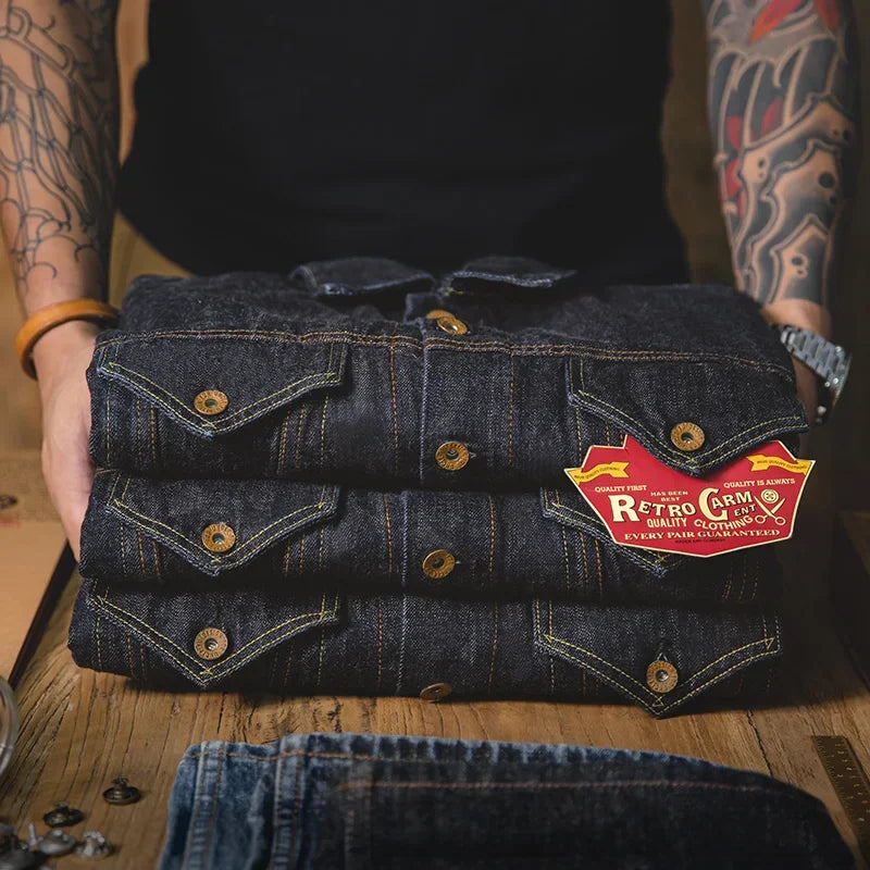 Maden Classic 14.8OZ Type III Jacket for Men Slim-fit Denim Jacket Exposed Seam Patch Pocket Design Vintage Washed Dark Blue