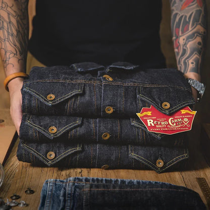 Maden Classic 14.8OZ Type III Jacket for Men Slim-fit Denim Jacket Exposed Seam Patch Pocket Design Vintage Washed Dark Blue