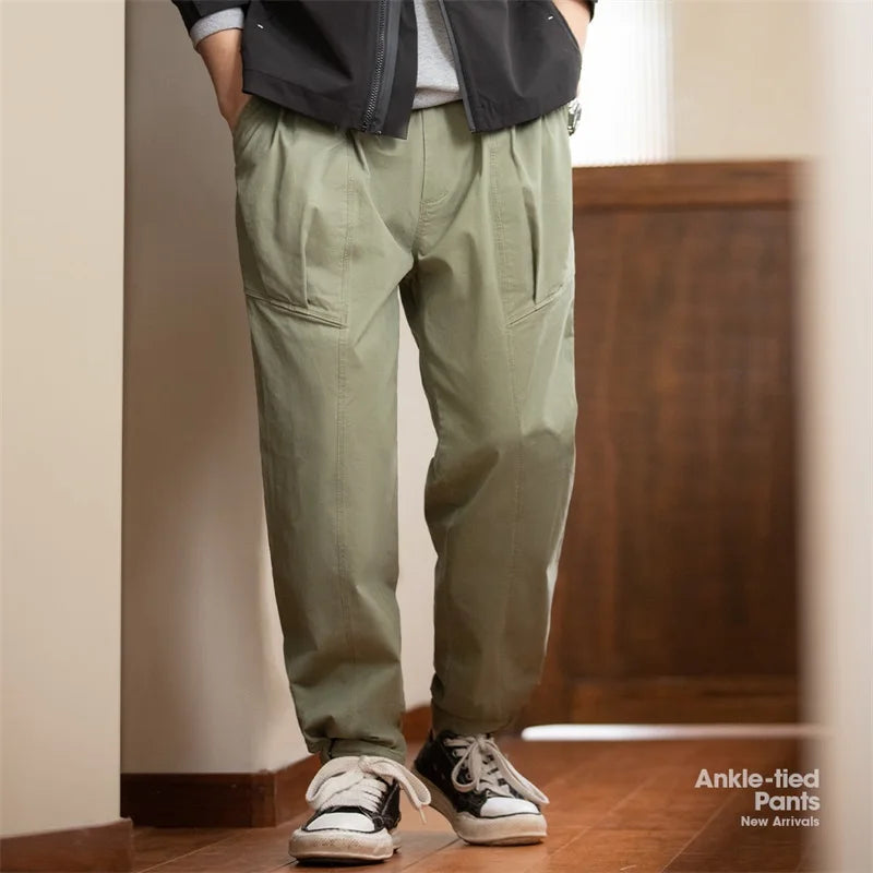 Maden Men's Vintage Military Green Cargo Pants Zipper Fly Loose Fit Pants Straight Leg Casual Pockets Spring and Fall Trousers