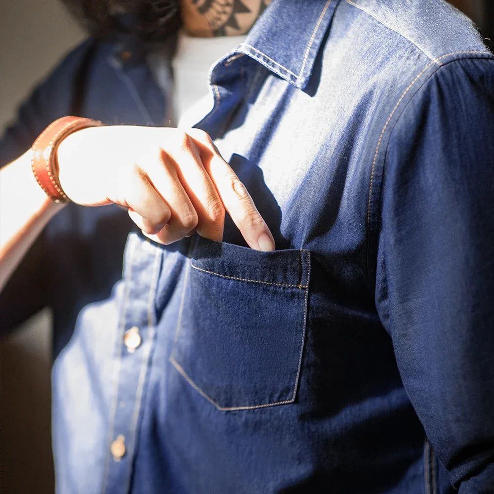 Maden Vintage Long Sleeved Men Denim Shirt Single Pocket Workwear Slim Fit Casual Shirt Single Breasted Turn-Down Collar Blouse