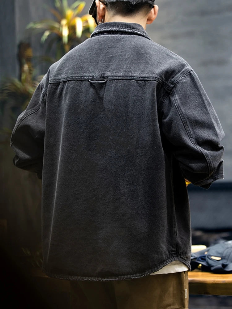 Japanese Vintage Distressed Cargo Shirts For Men Harajuku High Quality Casual Denim Shirt Plus Size Korean Fashion Coat Male
